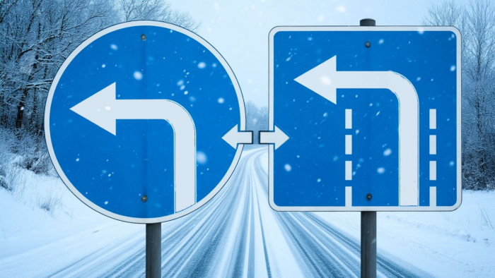 Круглый и квадратный синий знак со стрелкой налево: почему важно их различать