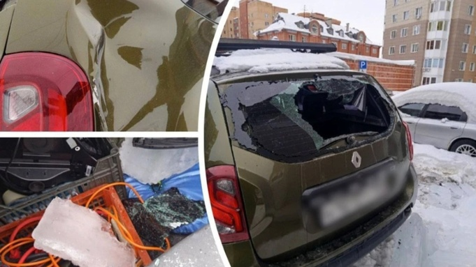 Половина машины смята и разбита. В Новосибирске на иномарку рухнула ледяная глыба